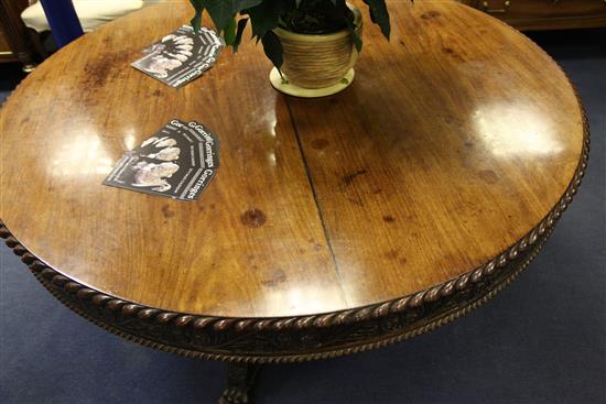 A mid 19th century Anglo Indian carved padouk wood circular breakfast table, W.5ft